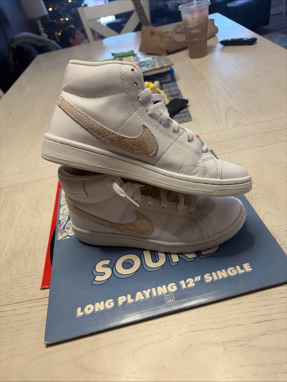 Nike Kids White High-Top Sneakers with Beige Swoosh